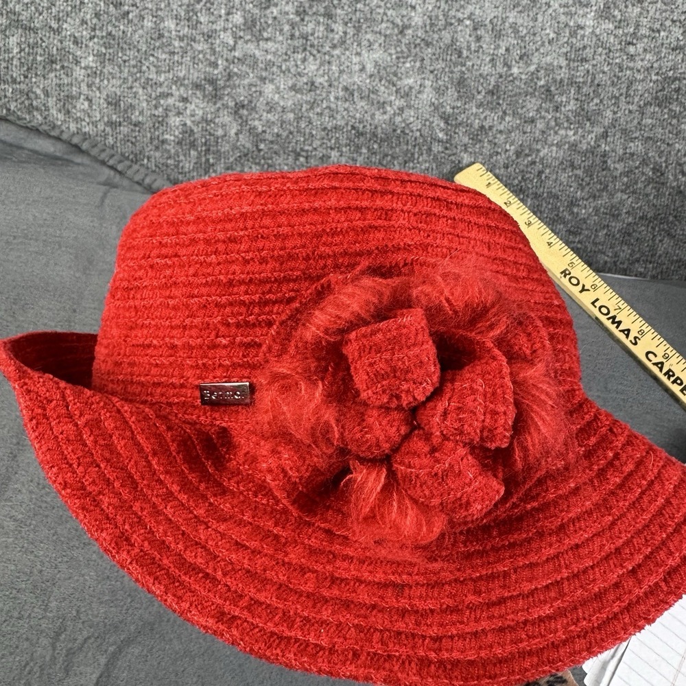 VTG Betmar New York Red Chenille Cloche Hat with Flower B024H Made in Taiwan - Picture 2 of 8